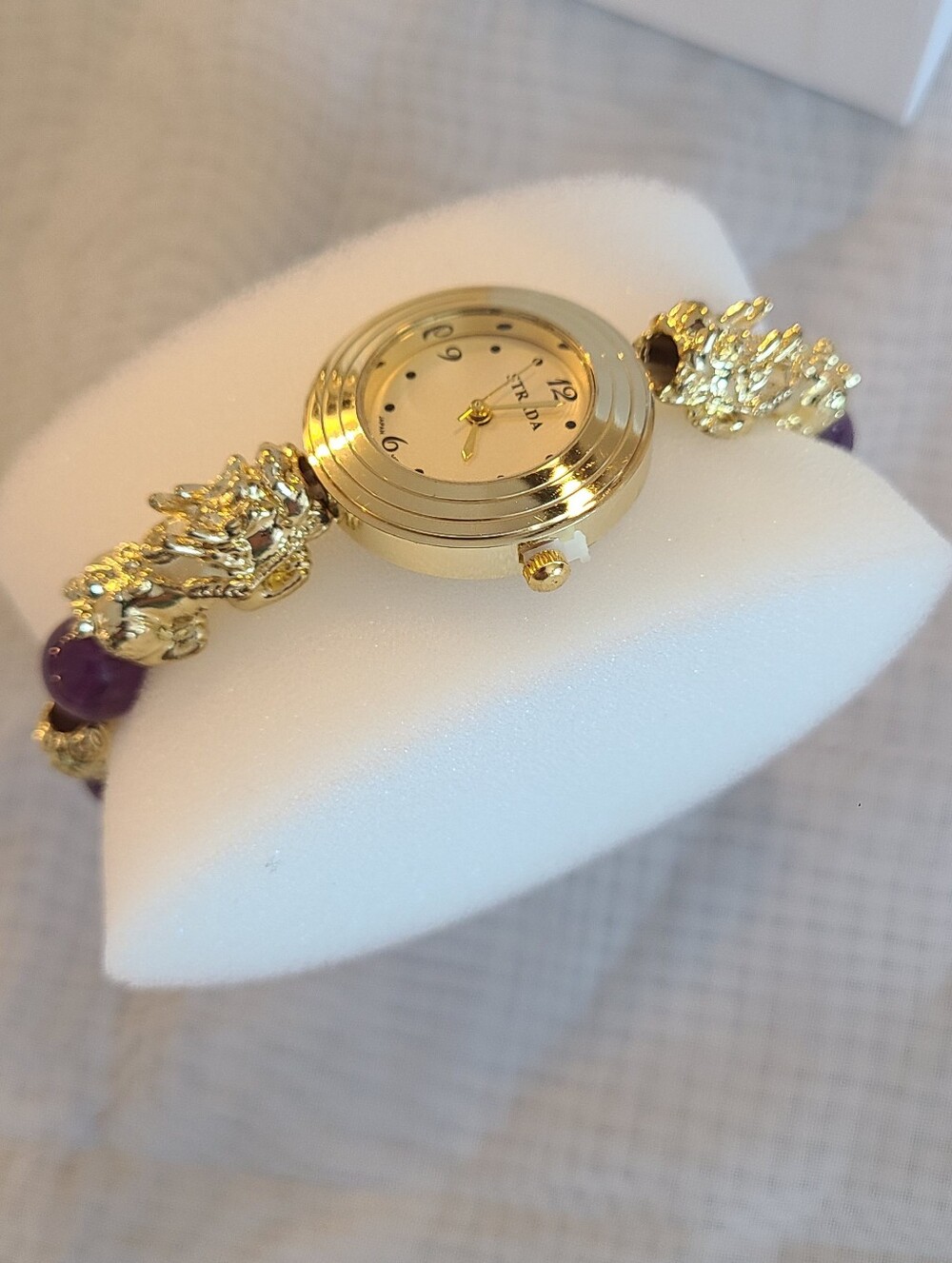 New in Box STRADA African Amethyst Japanese Movement Beaded Bracelet Watch